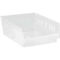 Shelf Bins, 8-3/8" W x 4" H x 11-5/8" D, Clear, 30 lbs. Capacity R.M.G. Prévention