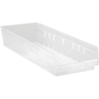Bacs de rangement pour tablettes, 8-3/8" la x 4" H x 23-5/8" p, Transparent, Capacit&eacute; 50 lb R.M.G. Prévention