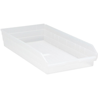 Bacs de rangement pour tablettes, 11-1/8" la x 4" H x 23-5/8" p, Transparent, Capacit&eacute; 50 lb R.M.G. Prévention