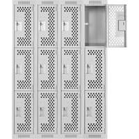 Clean Line Lockers, 3 -tier, Bank of 4, 48" x 12" x 72", Steel, Grey, Rivet (Assembled), Perforated R.M.G. Prévention