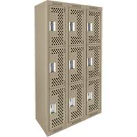 Clean Line Lockers, 3 -tier, Bank of 3, 36" x 12" x 72", Steel, Beige, Rivet (Assembled), Perforated R.M.G. Prévention