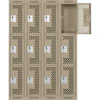 Clean Line Lockers, 3 -tier, Bank of 4, 48" x 12" x 72", Steel, Beige, Rivet (Assembled), Perforated R.M.G. Prévention