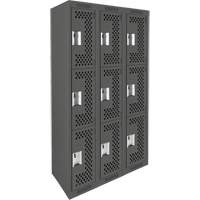 Clean Line Lockers, 3 -tier, Bank of 3, 36" x 12" x 72", Steel, Charcoal, Rivet (Assembled), Perforated R.M.G. Prévention