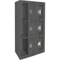 Clean Line Lockers, 3 -tier, Bank of 3, 36" x 12" x 72", Steel, Charcoal, Rivet (Assembled), Perforated R.M.G. Prévention
