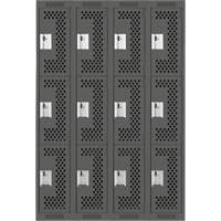 Clean Line Lockers, 3 -tier, Bank of 4, 48" x 12" x 72", Steel, Charcoal, Rivet (Assembled), Perforated R.M.G. Prévention