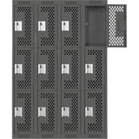 Clean Line Lockers, 3 -tier, Bank of 4, 48" x 12" x 72", Steel, Charcoal, Rivet (Assembled), Perforated R.M.G. Prévention
