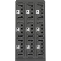 Clean Line Lockers, 3 -tier, Bank of 3, 36" x 18" x 82", Steel, Charcoal, Rivet (Assembled), Perforated R.M.G. Prévention