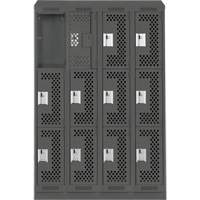 Clean Line Lockers, 3 -tier, Bank of 4, 48" x 18" x 82", Steel, Charcoal, Rivet (Assembled), Perforated R.M.G. Prévention
