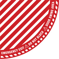 "Emergency Exit" Quarter Circle Swing Door Floor Sign, Adhesive, English with Pictogram R.M.G. Prévention