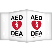 90° Projecting "AED/DEA" Sign, 6" x 5", Plastic, Bilingual with Pictogram R.M.G. Prévention